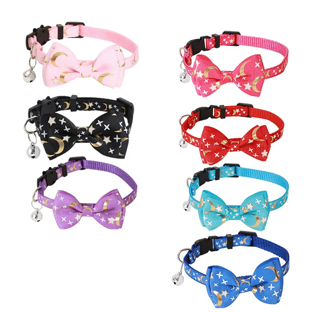 New Pet Collar with Bell Gold Plated Ribbon Bow Knot Star Moon Cat Collar Puppy Collar