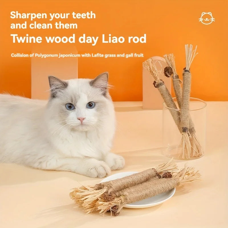 Jute Liao Wood Rod Cat Chew Stick with Natural Polygonum Japonicum, Dental Care Teeth Cleaning Toy for Small Breeds
