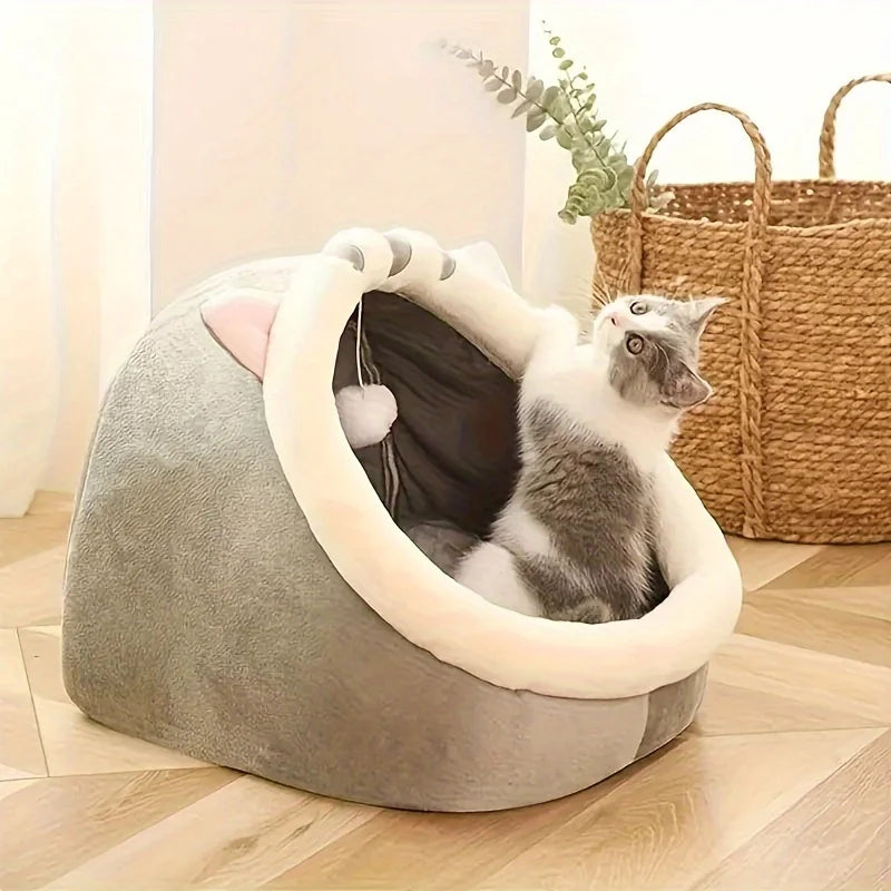 Soft Cat House with Cushion | Classic Style Polyester Fiber Cat Condo | Breathable Pet Bed for Small, Medium and Large Cats | Co